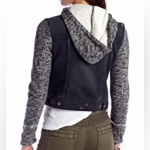 Free People Distressed Black Denim Jacket with Grey Knit Sleeves & Hood in XS - Picture 4 of 12